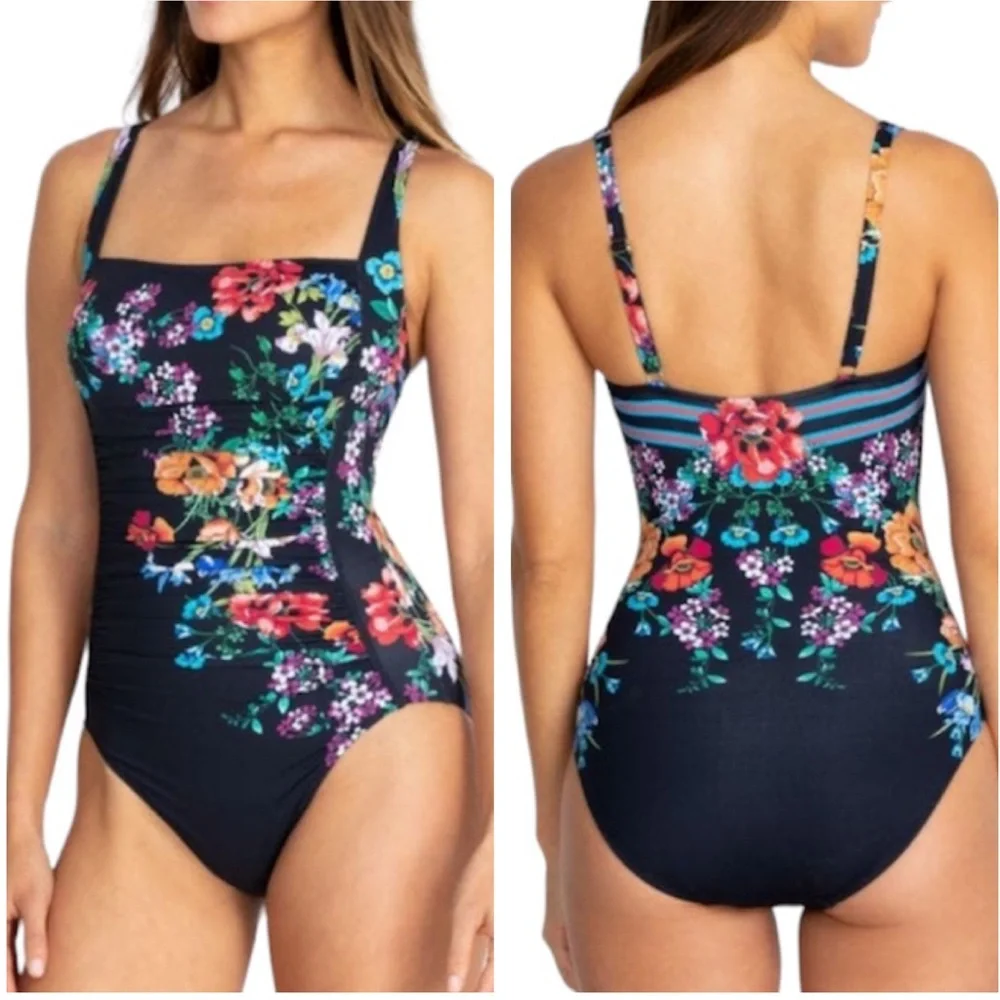JOHNNY WAS Fay Floral Boho Black One Piece Swimsuit NEW Size XS